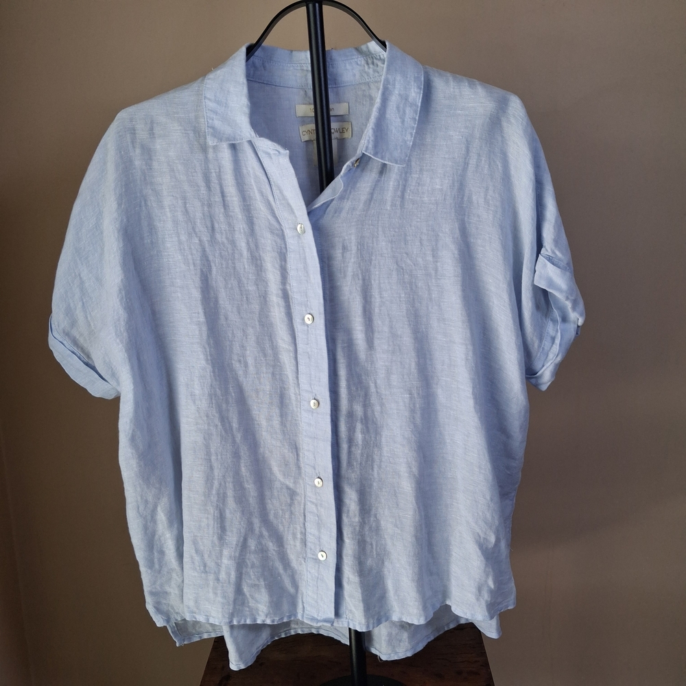Cynthia Rowley 100% Linen Light Blue Button-Up Blouse Top; Size S